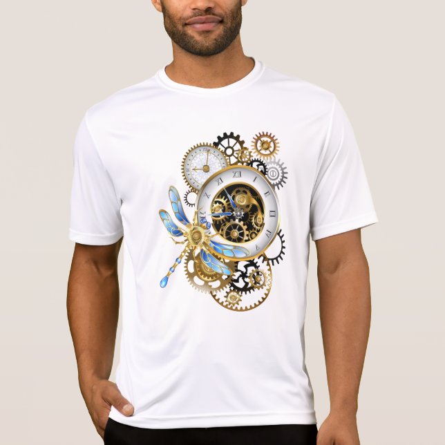 Steampunk Clock med mekanisk Dragonfly T Shirt (Framsida)