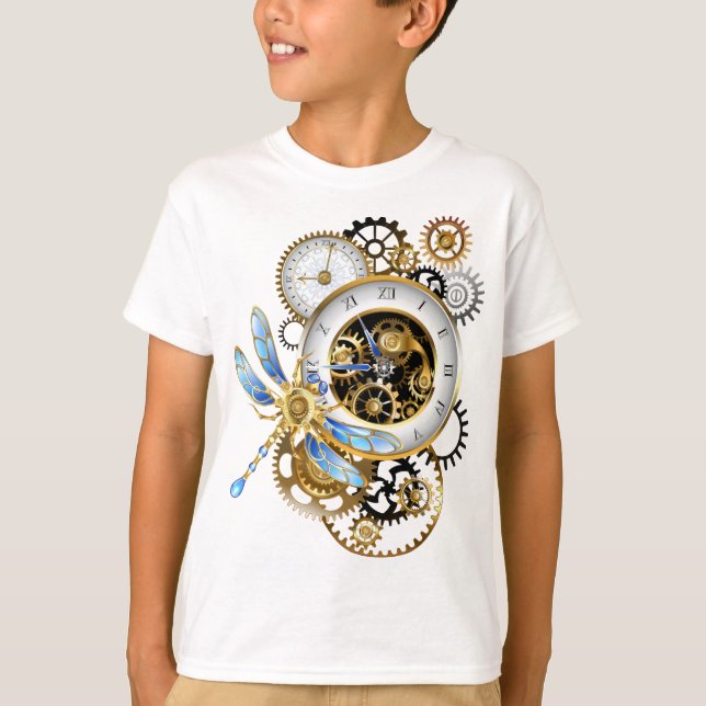 Steampunk Clock med mekanisk Dragonfly T Shirt (Framsida)