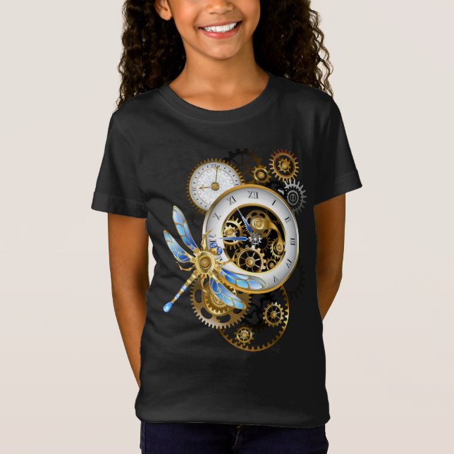 Steampunk Clock med mekanisk Dragonfly T Shirt (Framsida)