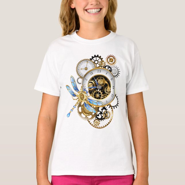 Steampunk Clock med mekanisk Dragonfly T Shirt (Framsida)
