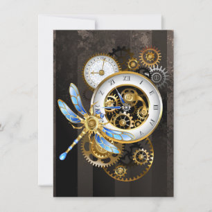 Steampunk Clock med mekanisk Dragonfly Tack Kort