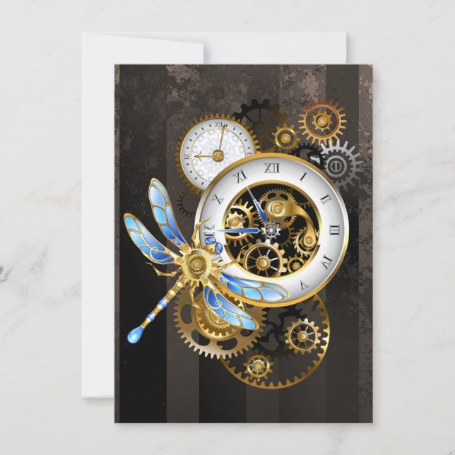 Steampunk Clock med mekanisk Dragonfly Tack Kort (Framsida)