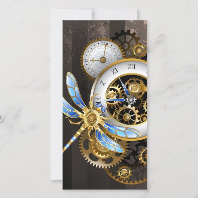 Steampunk Clock med mekanisk Dragonfly Tack Kort (Framsida)