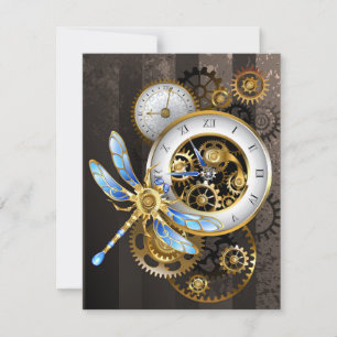 Steampunk Clock med mekanisk Dragonfly Tack Kort