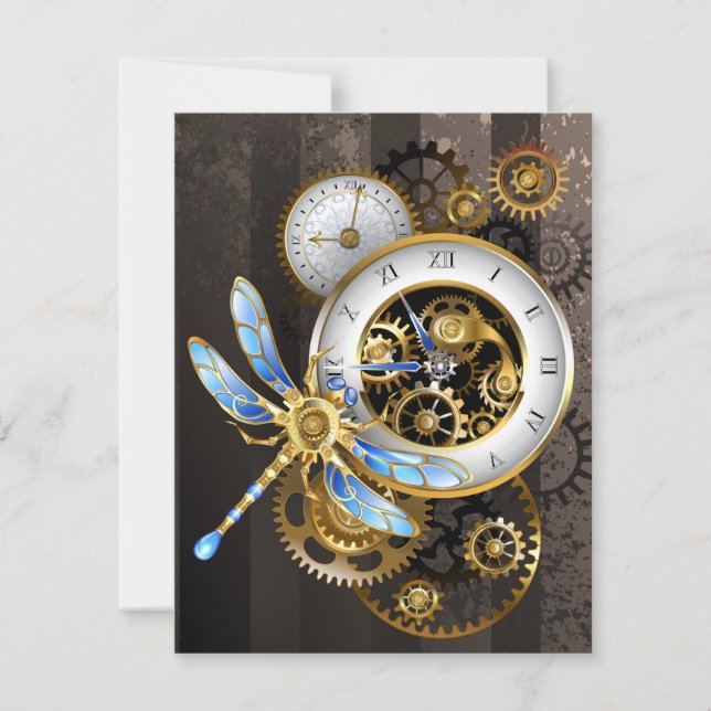 Steampunk Clock med mekanisk Dragonfly Tack Kort (Framsida)