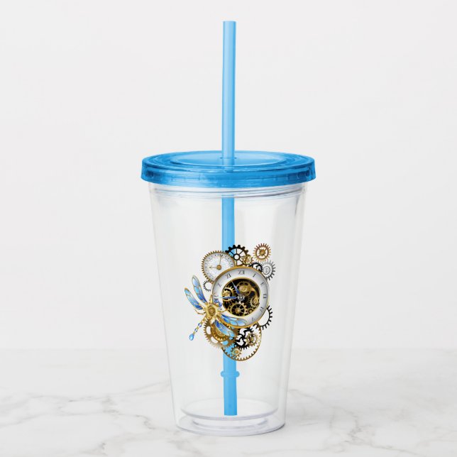 Steampunk Clock med mekanisk Dragonfly Take Away Mugg (Framsida)