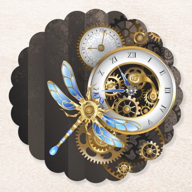 Steampunk Clock med mekanisk Dragonfly Underlägg Papper (Framsida)