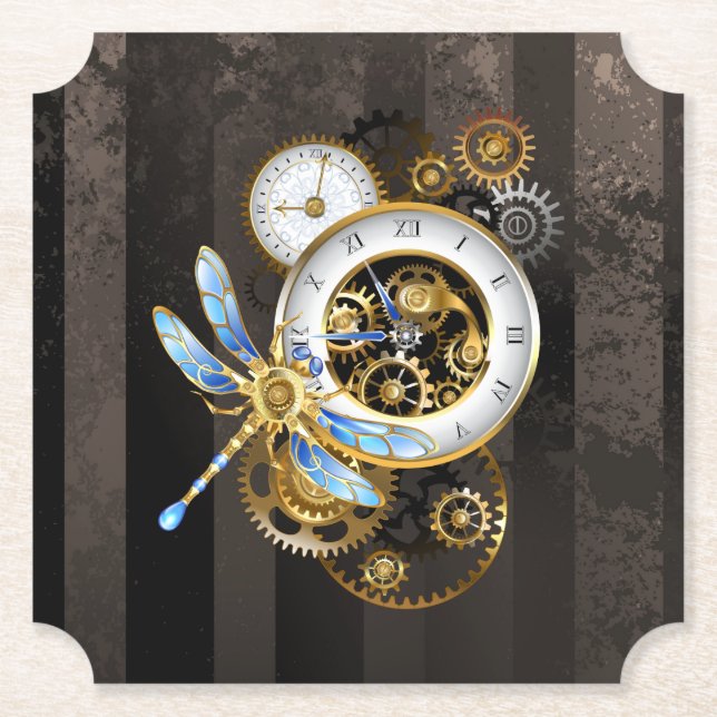 Steampunk Clock med mekanisk Dragonfly Underlägg Papper (Framsida)