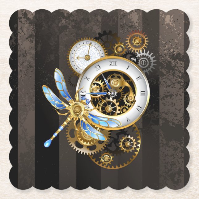 Steampunk Clock med mekanisk Dragonfly Underlägg Papper (Framsida)