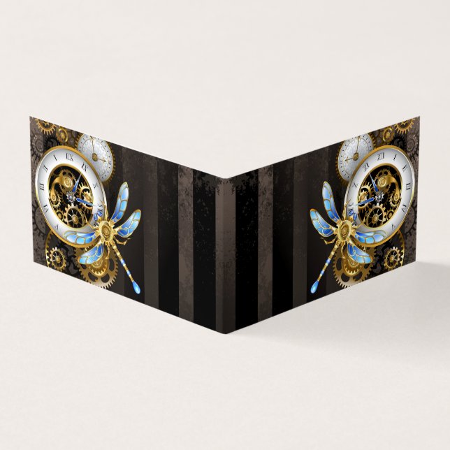 Steampunk Clock med mekanisk Dragonfly Visitkort (Utsida)