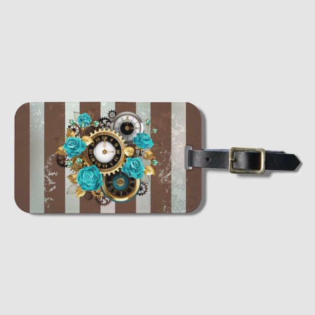 Steampunk Clock och Turcouise Ro på Stripe Bagagebricka (Framsida horisontal)