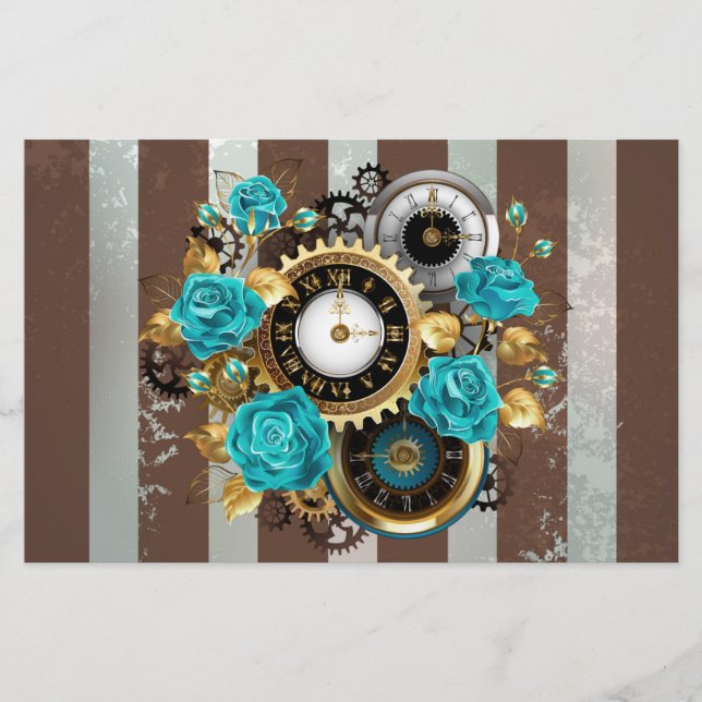 Steampunk Clock och Turcouise Ro på Stripe Brevpapper (Framsida)