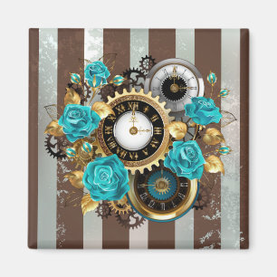 Steampunk Clock och Turcouise Ro på Stripe Buss Magnet