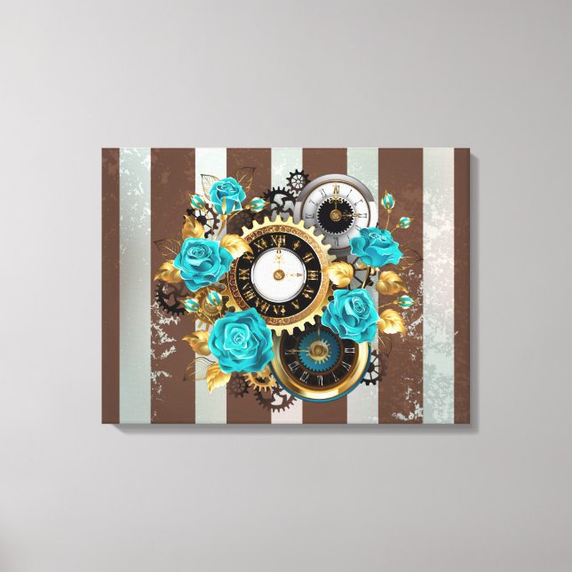 Steampunk Clock och Turcouise Ro på Stripe Canvastryck (Framsida)