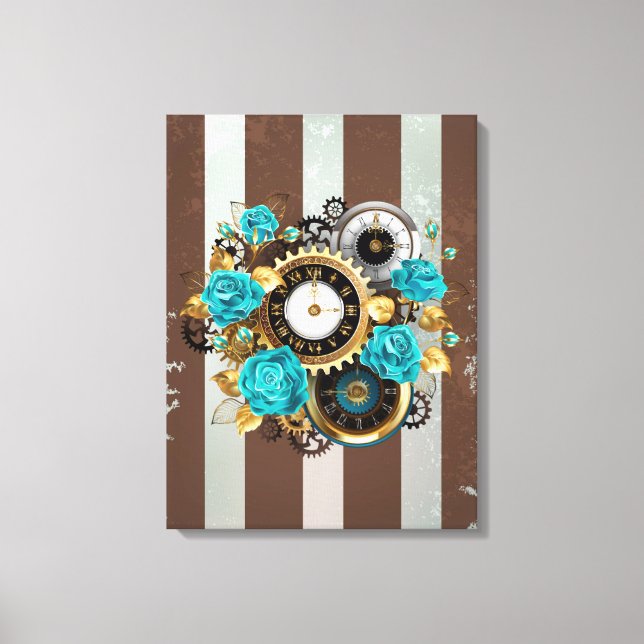 Steampunk Clock och Turcouise Ro på Stripe Canvastryck (Framsida)