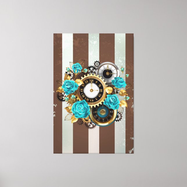 Steampunk Clock och Turcouise Ro på Stripe Canvastryck (Framsida)