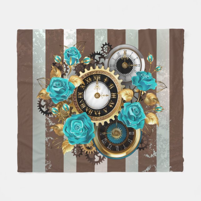 Steampunk Clock och Turcouise Ro på Stripe Fleecefilt (Framsidan (Horisontell))