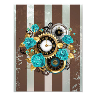 Steampunk Clock och Turcouise Ro på Stripe Fototryck