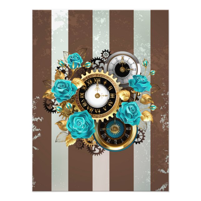 Steampunk Clock och Turcouise Ro på Stripe Fototryck (Framsidan)