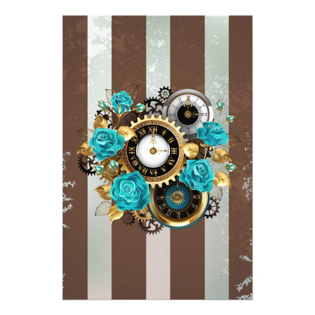 Steampunk Clock och Turcouise Ro på Stripe Fototryck (Framsidan)