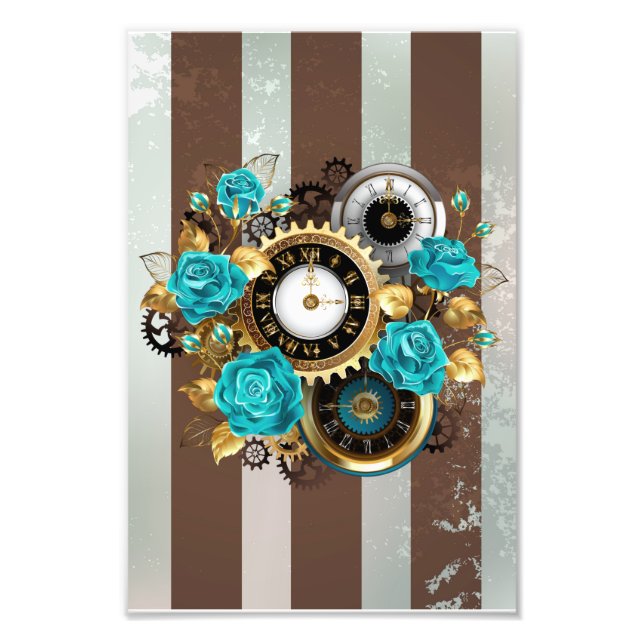 Steampunk Clock och Turcouise Ro på Stripe Fototryck (Framsidan)
