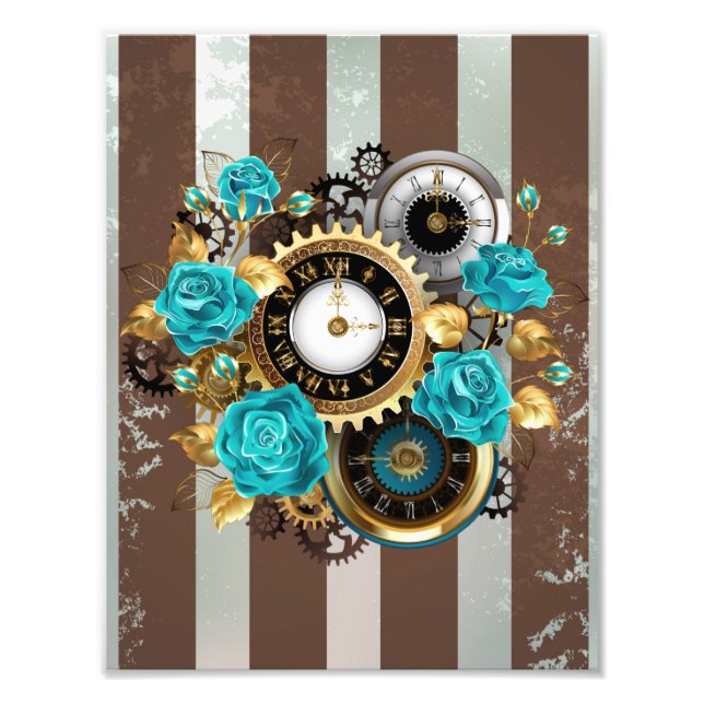 Steampunk Clock och Turcouise Ro på Stripe Fototryck (Framsidan)
