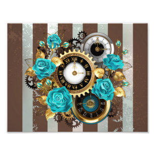 Steampunk Clock och Turcouise Ro på Stripe Fototryck