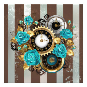 Steampunk Clock och Turcouise Ro på Stripe Fototryck