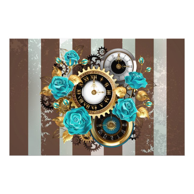 Steampunk Clock och Turcouise Ro på Stripe Fototryck (Framsidan)