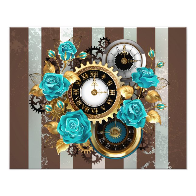 Steampunk Clock och Turcouise Ro på Stripe Fototryck (Framsidan)
