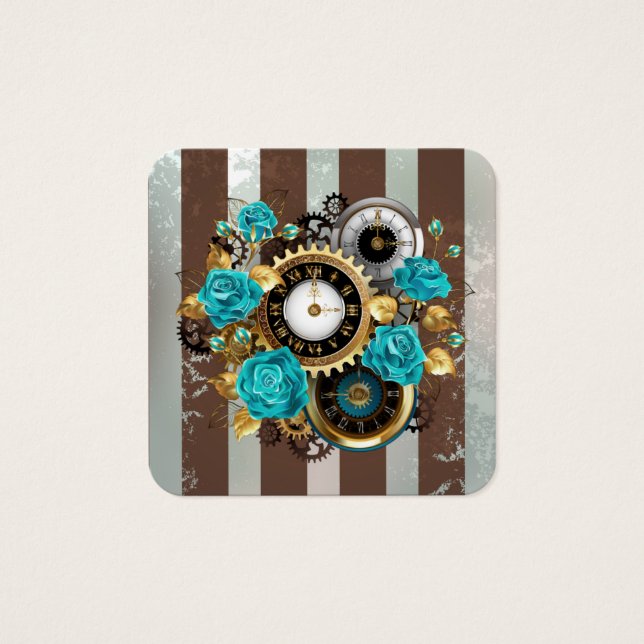 Steampunk Clock och Turcouise Ro på Stripe Fyrkantigt Visitkort (Framsida)