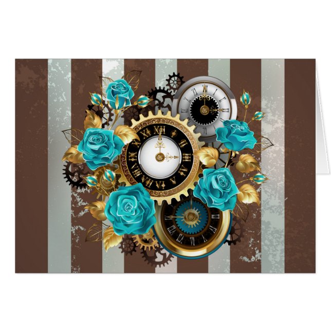 Steampunk Clock och Turcouise Ro på Stripe Hälsningskort (Framsidan Horizontal)