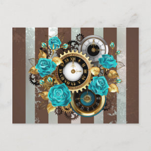 Steampunk Clock och Turcouise Ro på Stripe Helg Vykort