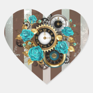 Steampunk Clock och Turcouise Ro på Stripe Hjärtformat Klistermärke