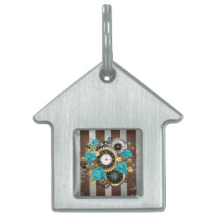 Steampunk Clock och Turcouise Ro på Stripe ID-bricka Husdjur