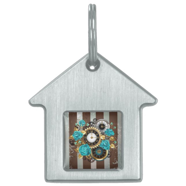 Steampunk Clock och Turcouise Ro på Stripe ID-bricka Husdjur (Framsidan)