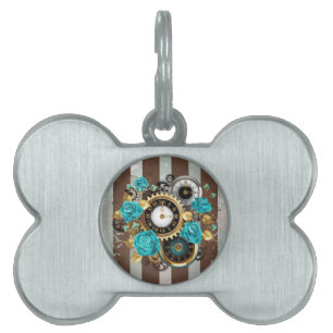 Steampunk Clock och Turcouise Ro på Stripe ID-bricka Husdjur