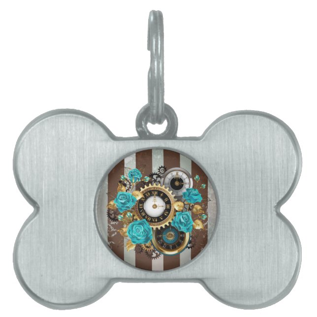 Steampunk Clock och Turcouise Ro på Stripe ID-bricka Husdjur (Framsidan)