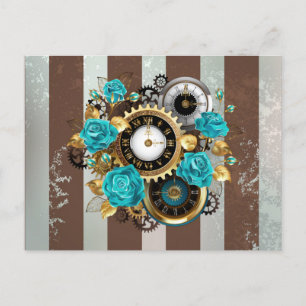 Steampunk Clock och Turcouise Ro på Stripe Inbjudan Vykort