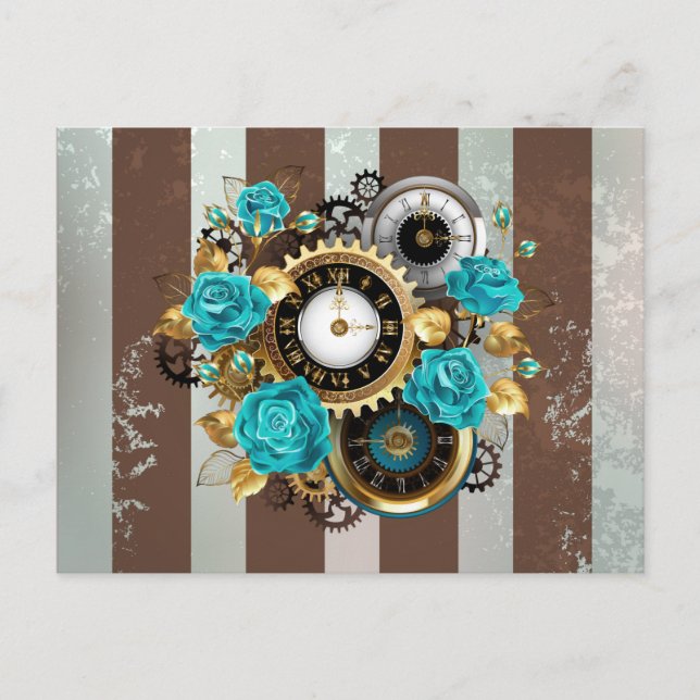 Steampunk Clock och Turcouise Ro på Stripe Inbjudan Vykort (Framsida)