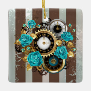 Steampunk Clock och Turcouise Ro på Stripe Julgransprydnad Keramik