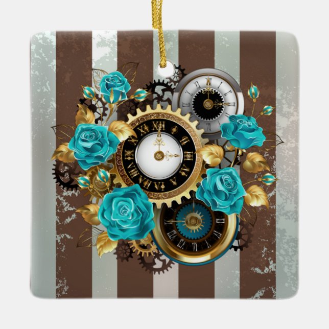 Steampunk Clock och Turcouise Ro på Stripe Julgransprydnad Keramik (Framsida)