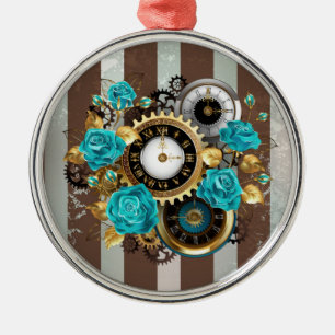 Steampunk Clock och Turcouise Ro på Stripe Julgransprydnad Metall