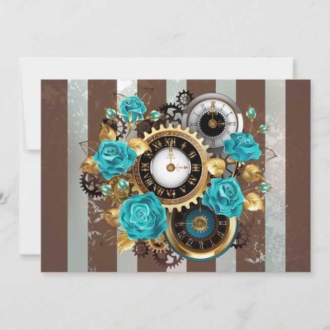 Steampunk Clock och Turcouise Ro på Stripe Julkort (Framsida)