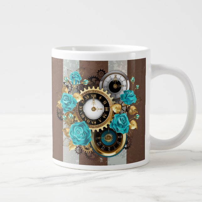 Steampunk Clock och Turcouise Ro på Stripe Jumbo Mugg (Höger)