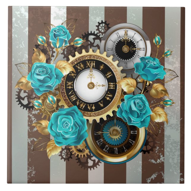 Steampunk Clock och Turcouise Ro på Stripe Kakelplatta (Framsidan)