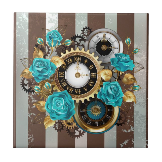 Steampunk Clock och Turcouise Ro på Stripe Kakelplatta (Framsidan)