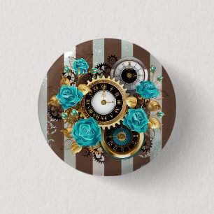 Steampunk Clock och Turcouise Ro på Stripe Knapp