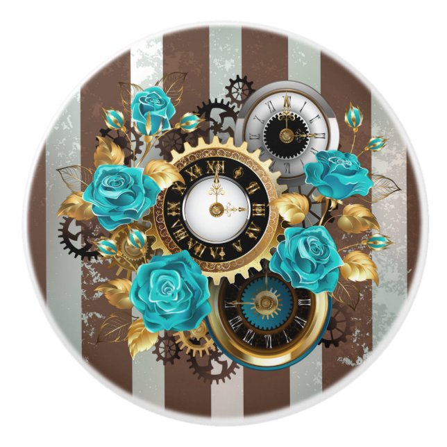 Steampunk Clock och Turcouise Ro på Stripe Knopp (Framsidan)