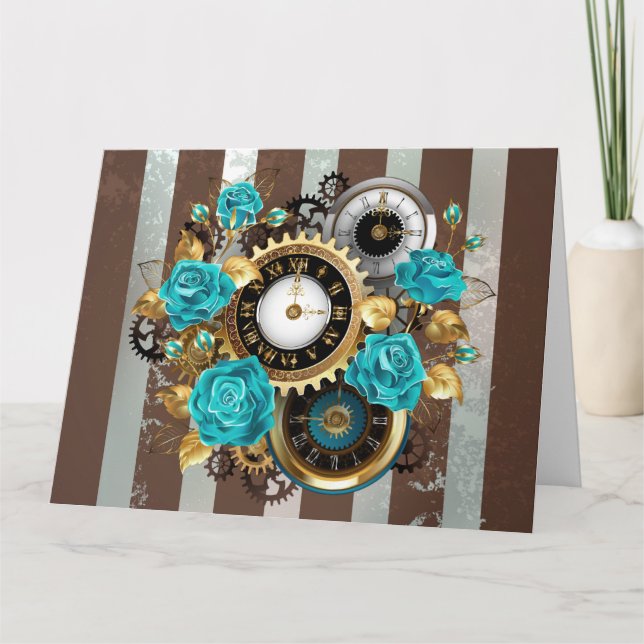 Steampunk Clock och Turcouise Ro på Stripe Kort (Framsida)